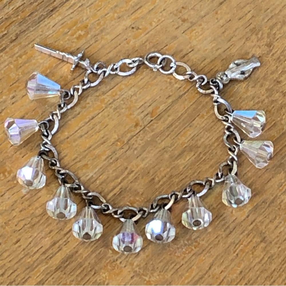 Vintage Aurora Borealis Crystal Dangle Charm Bracelet Cross Madonna Religious